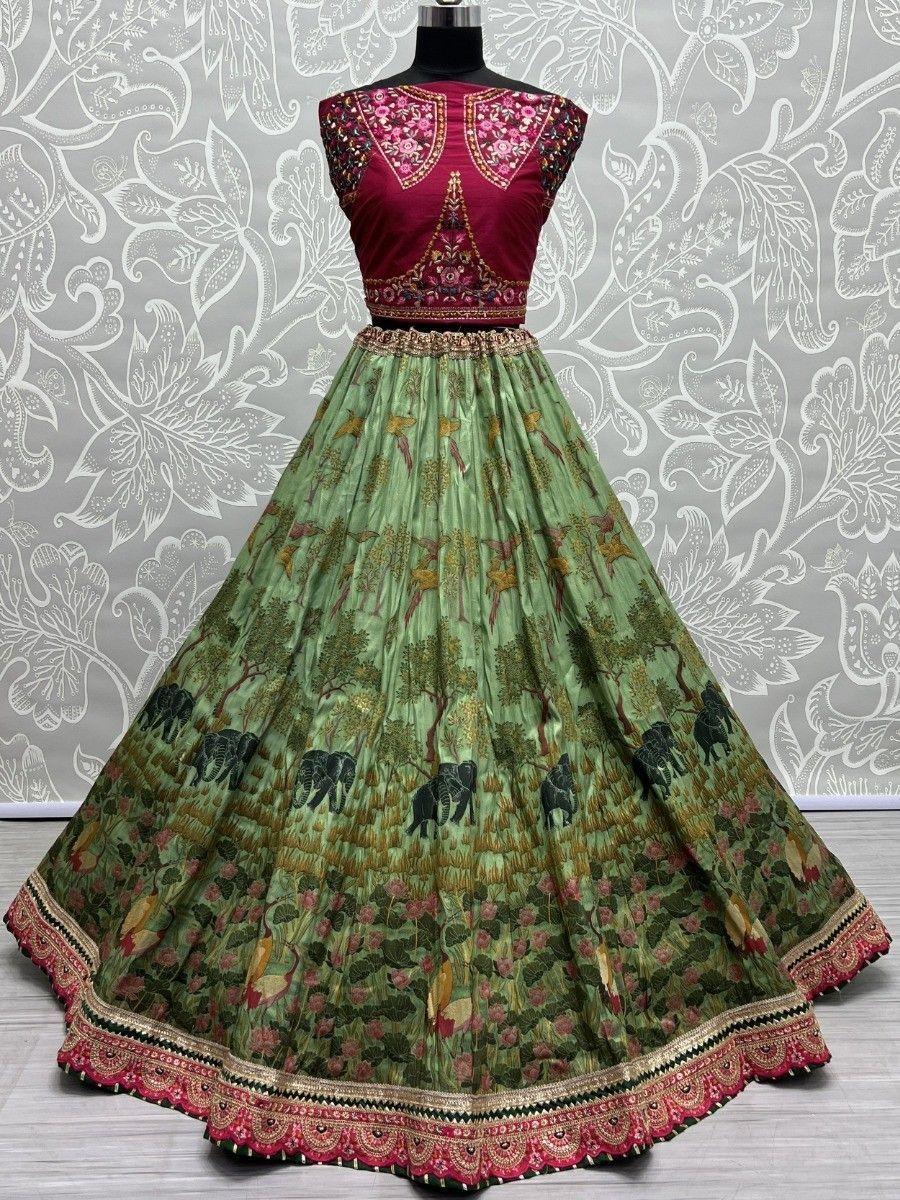 Green Silk Digital Printed Festival Lehenga Choli
