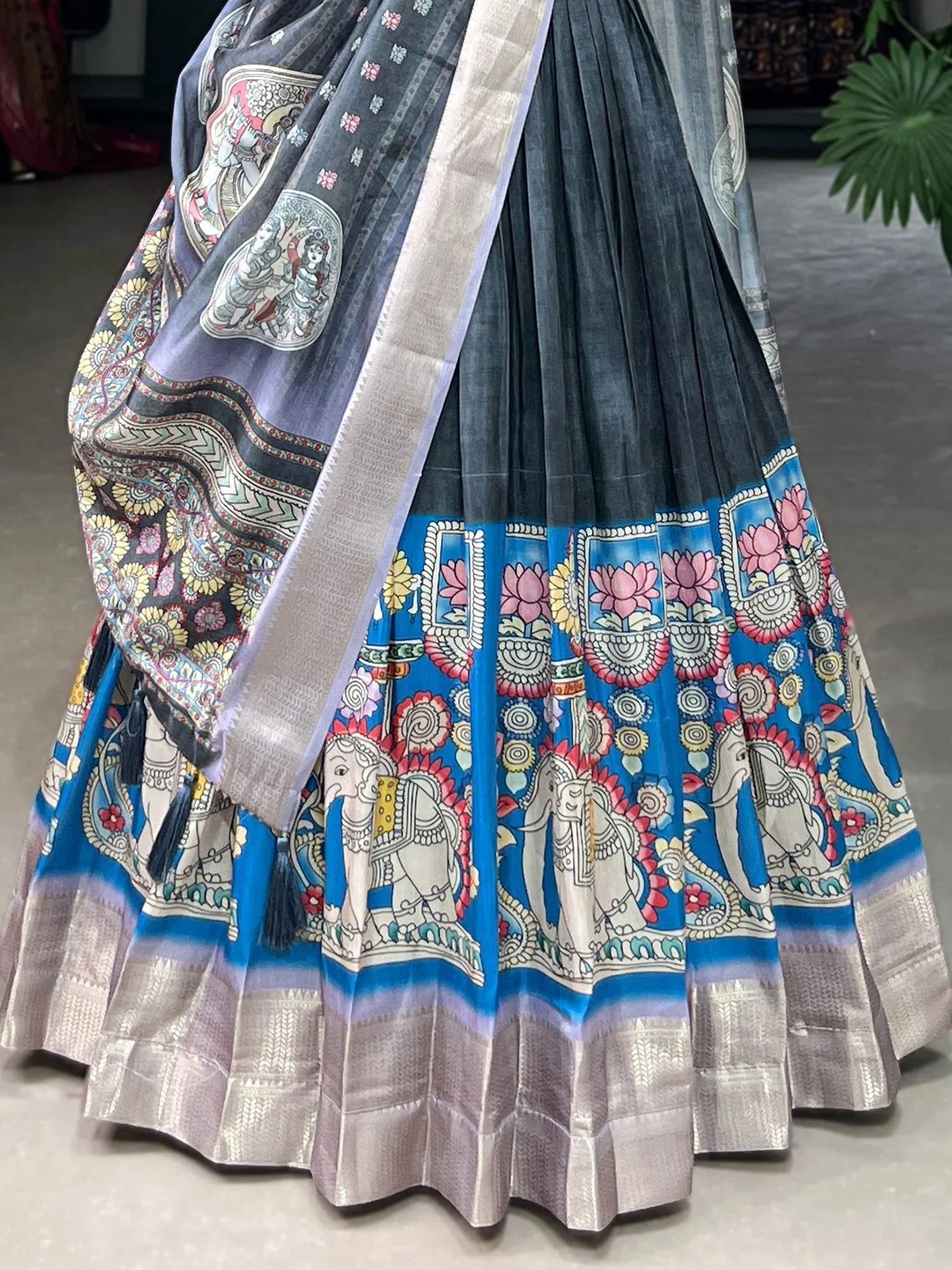 Grey Dola Silk Kalamkari Print Lehenga Choli with Dupatta