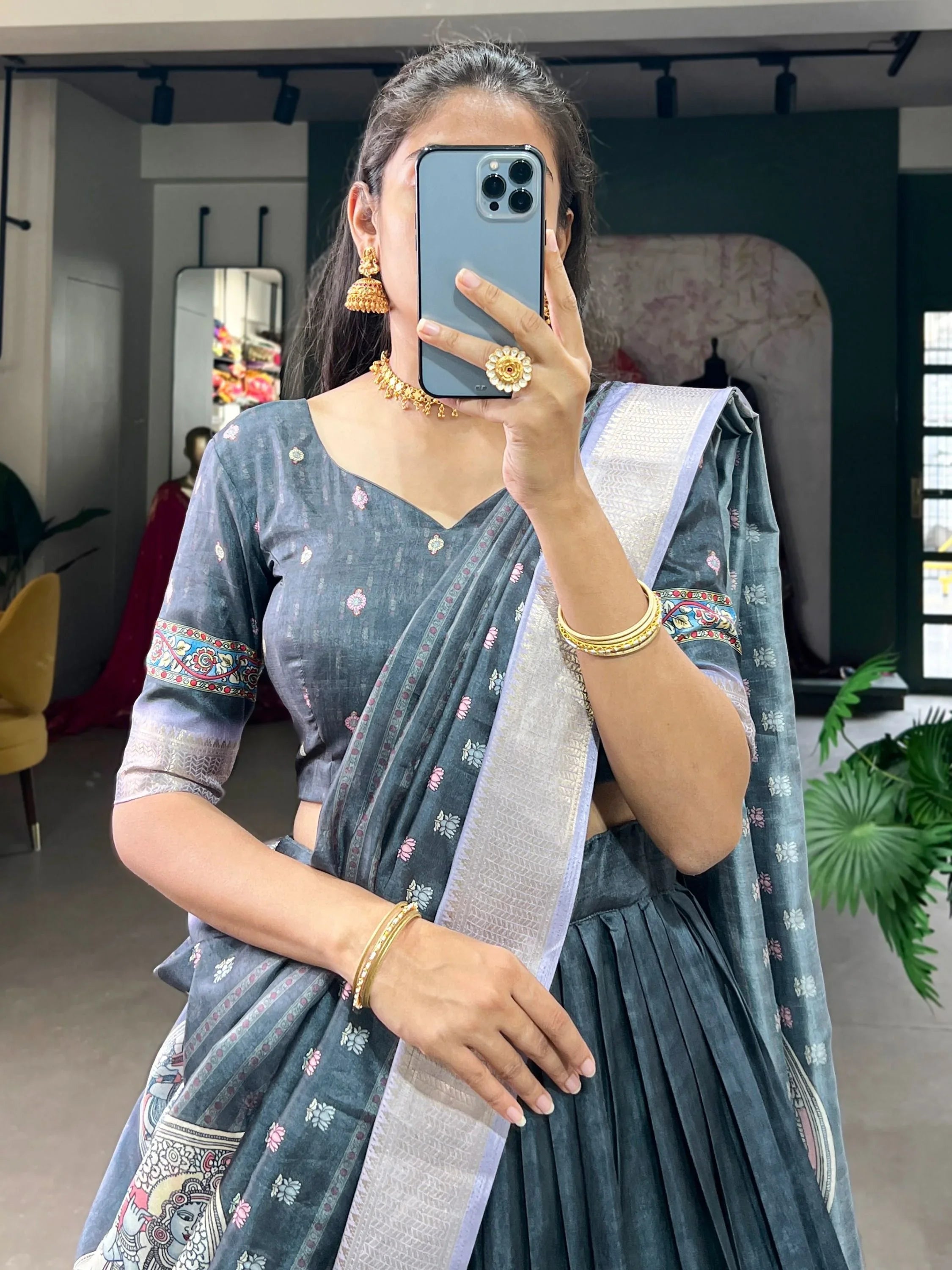 Grey Dola Silk Kalamkari Print Lehenga Choli with Dupatta