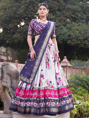Grey & Navy Blue Tussar Silk Festival Wear Lehenga Choli