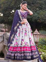 Grey & Navy Blue Tussar Silk Festival Wear Lehenga Choli