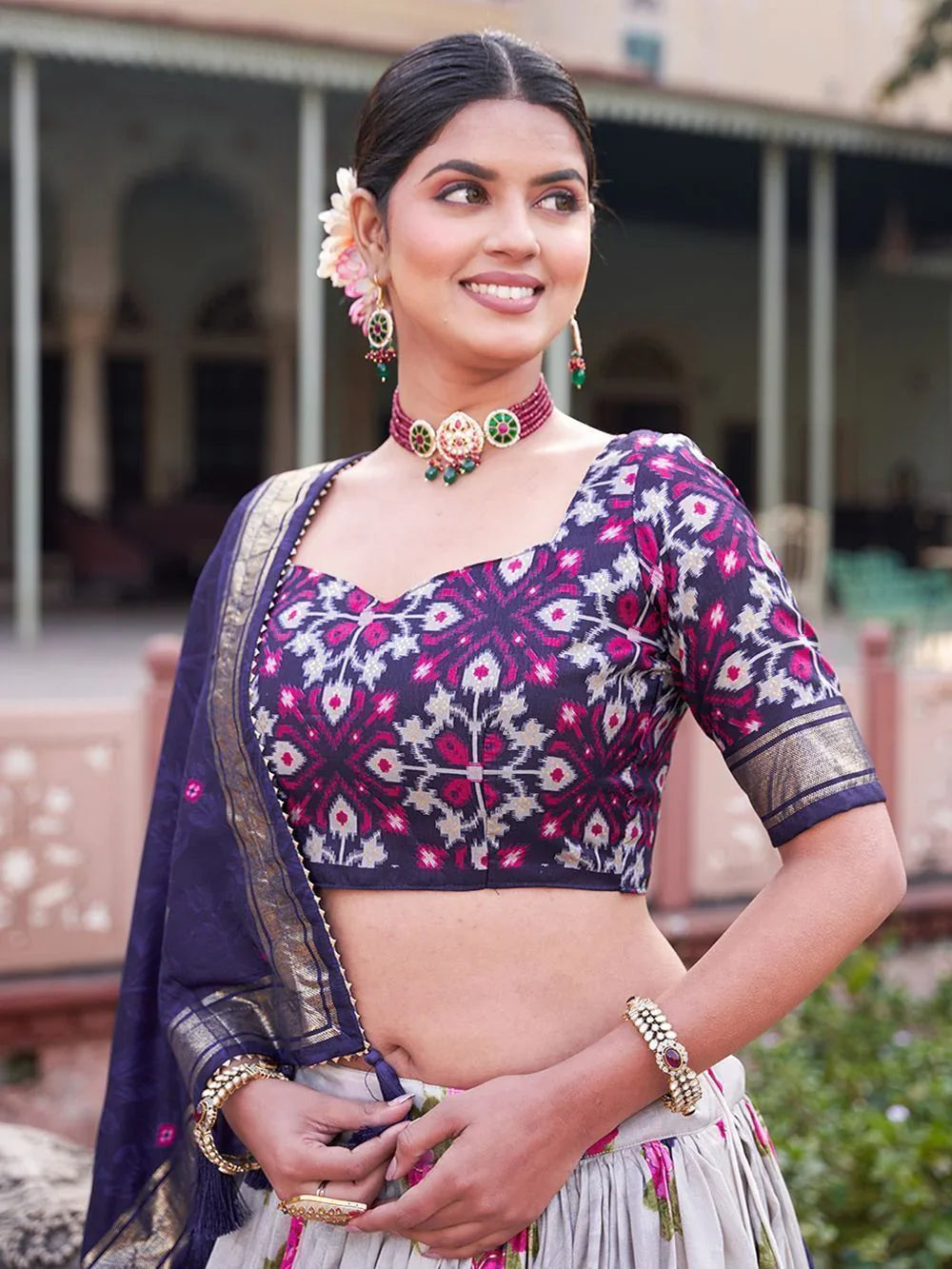 Grey & Navy Blue Tussar Silk Festival Wear Lehenga Choli