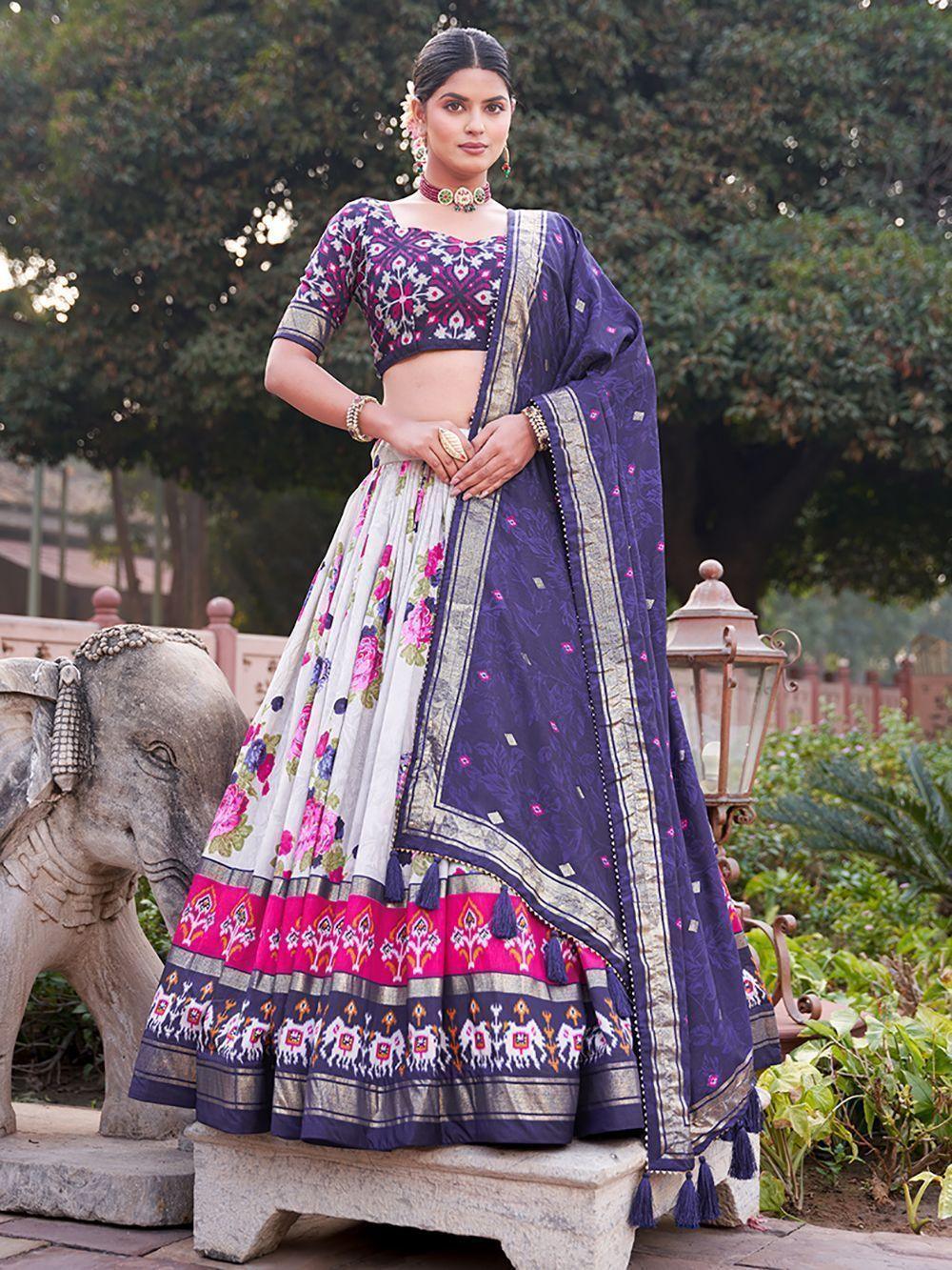 Grey & Navy Blue Tussar Silk Festival Wear Lehenga Choli