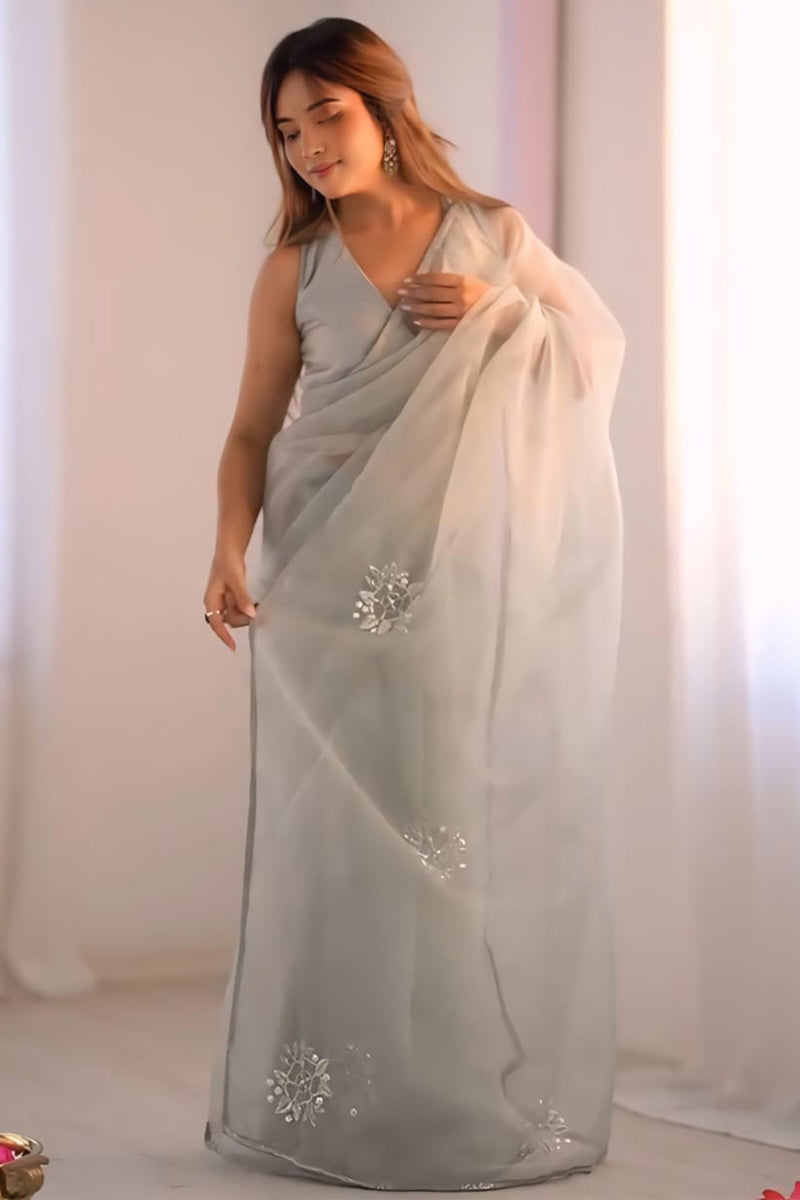 Grey Organza Silk Ready-to-Wear Saree