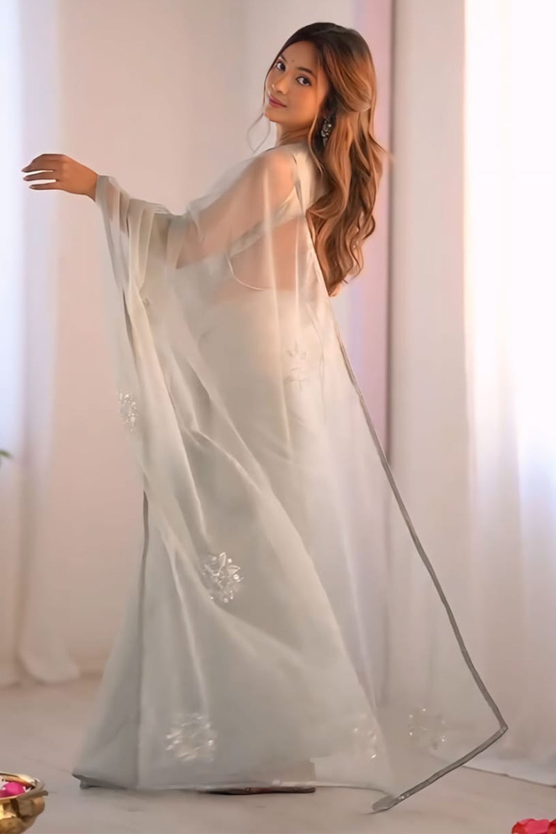 Grey Organza Silk Ready-to-Wear Saree