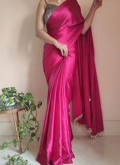 Hot Pink Satin Silk Ready-To-Wear Saree with Grey Blouse