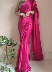 Hot Pink Satin Silk Ready-To-Wear Saree with Grey Blouse