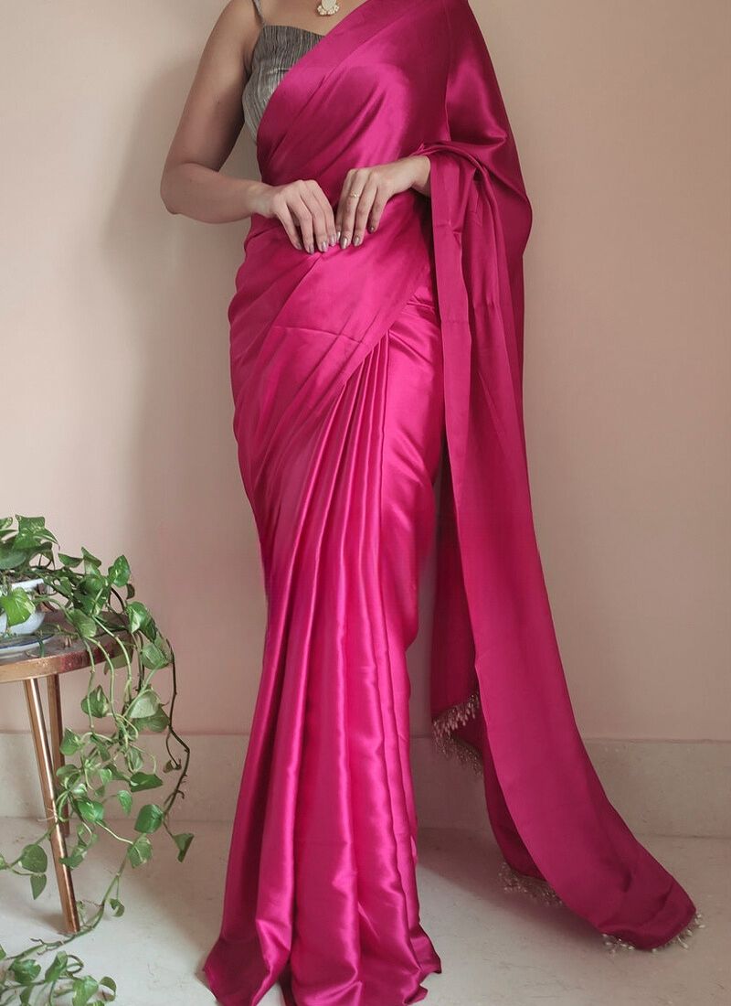 Hot Pink Satin Silk Ready-To-Wear Saree with Grey Blouse