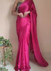 Hot Pink Satin Silk Ready-To-Wear Saree with Grey Blouse