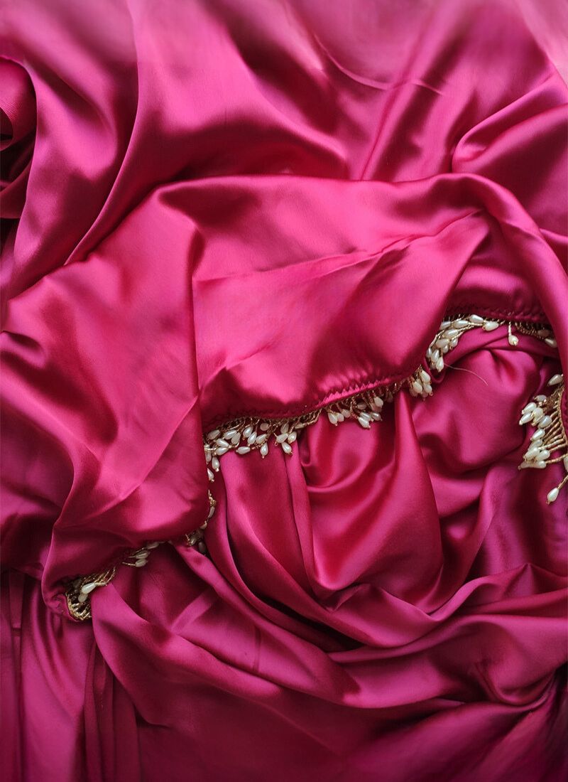 Hot Pink Satin Silk Ready-To-Wear Saree with Grey Blouse