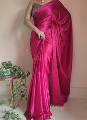 Hot Pink Satin Silk Ready-To-Wear Saree with Grey Blouse