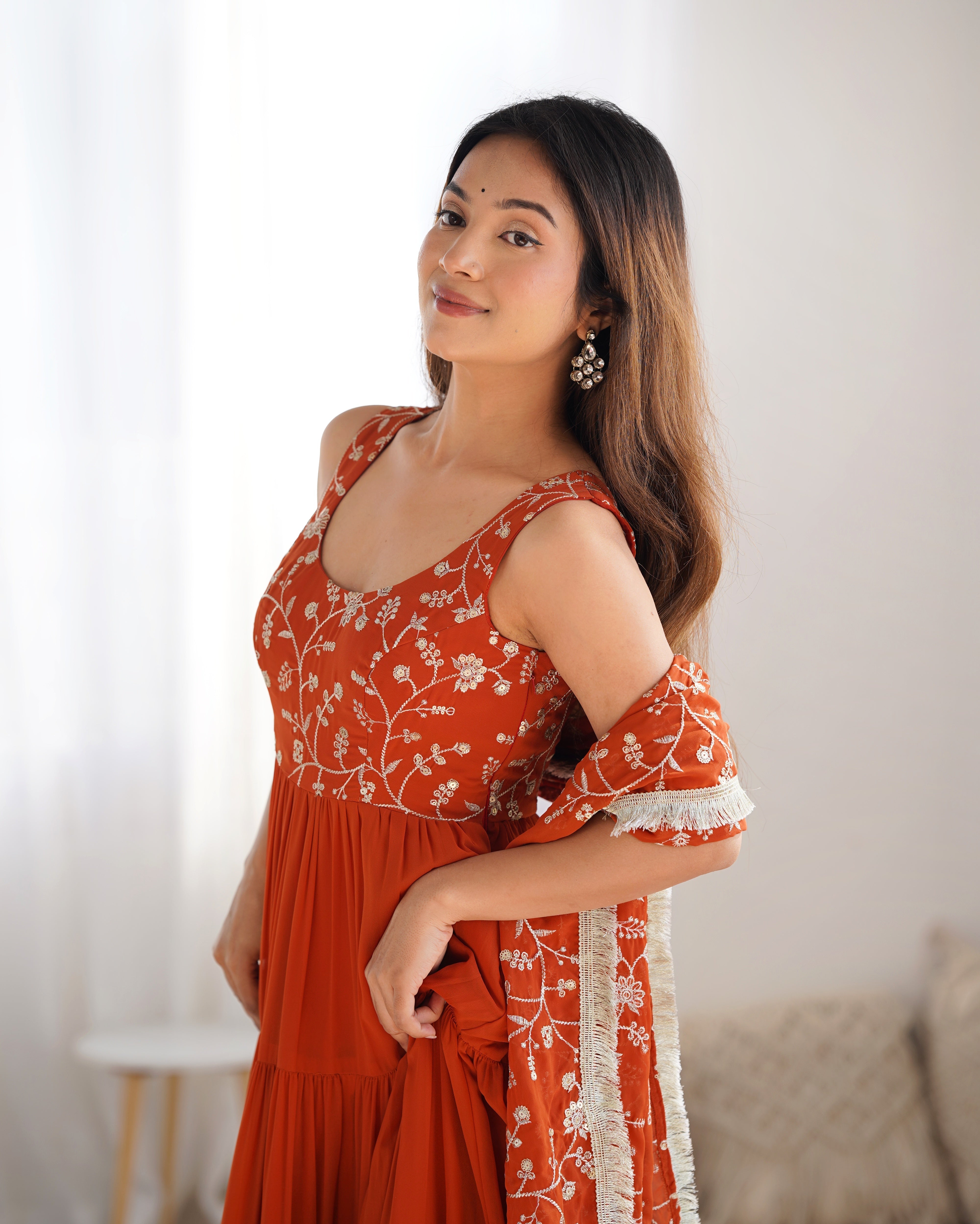 Stunning Orange Georgette Five-Layer Ruffle Anarkali Suit with Embroidered Dupatta – Festive & Party Wear