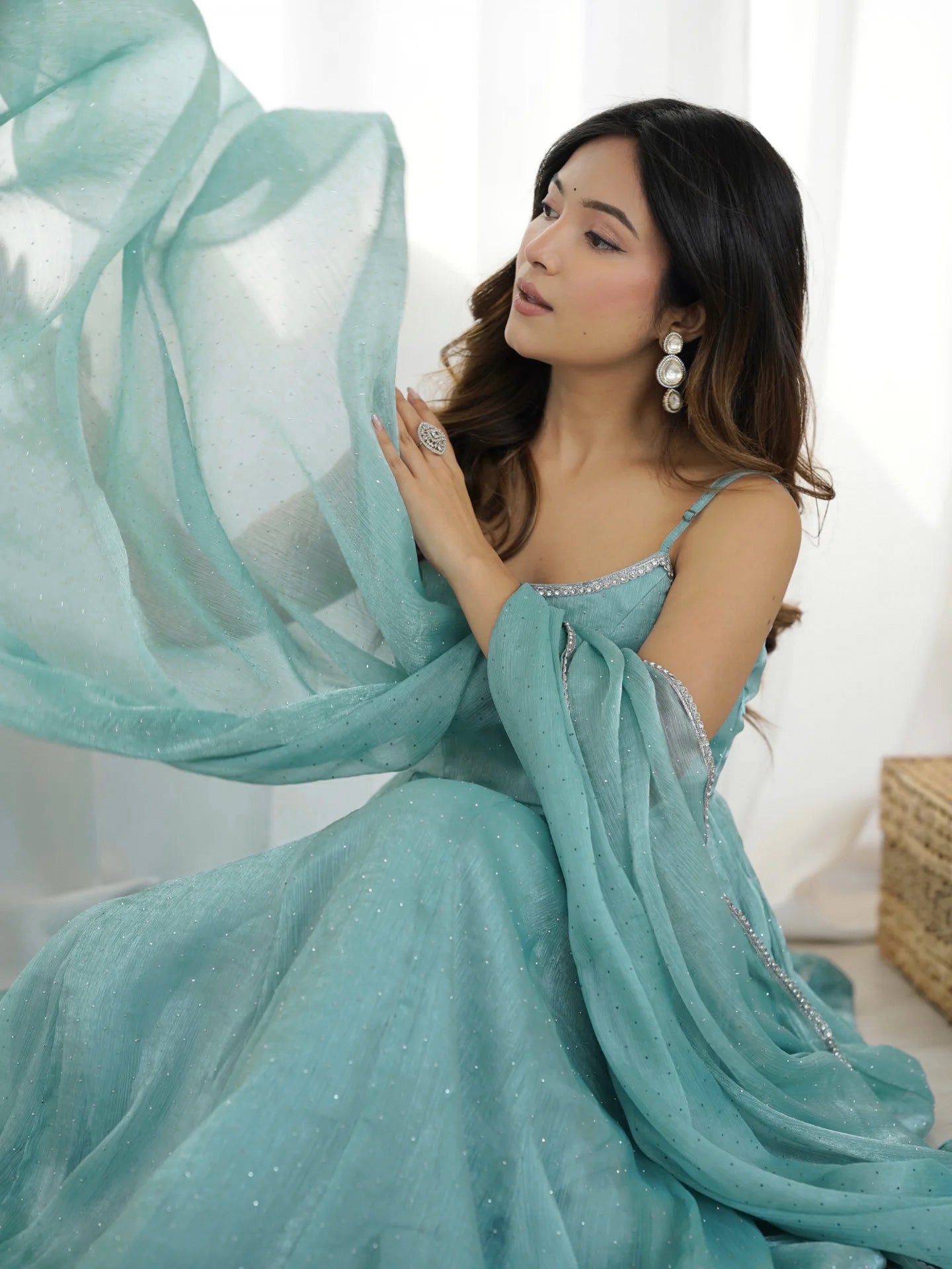 Sky Blue Crunchy Silk Anarkali Suit Set with Siroski Embellishments – Festival & Party Wear