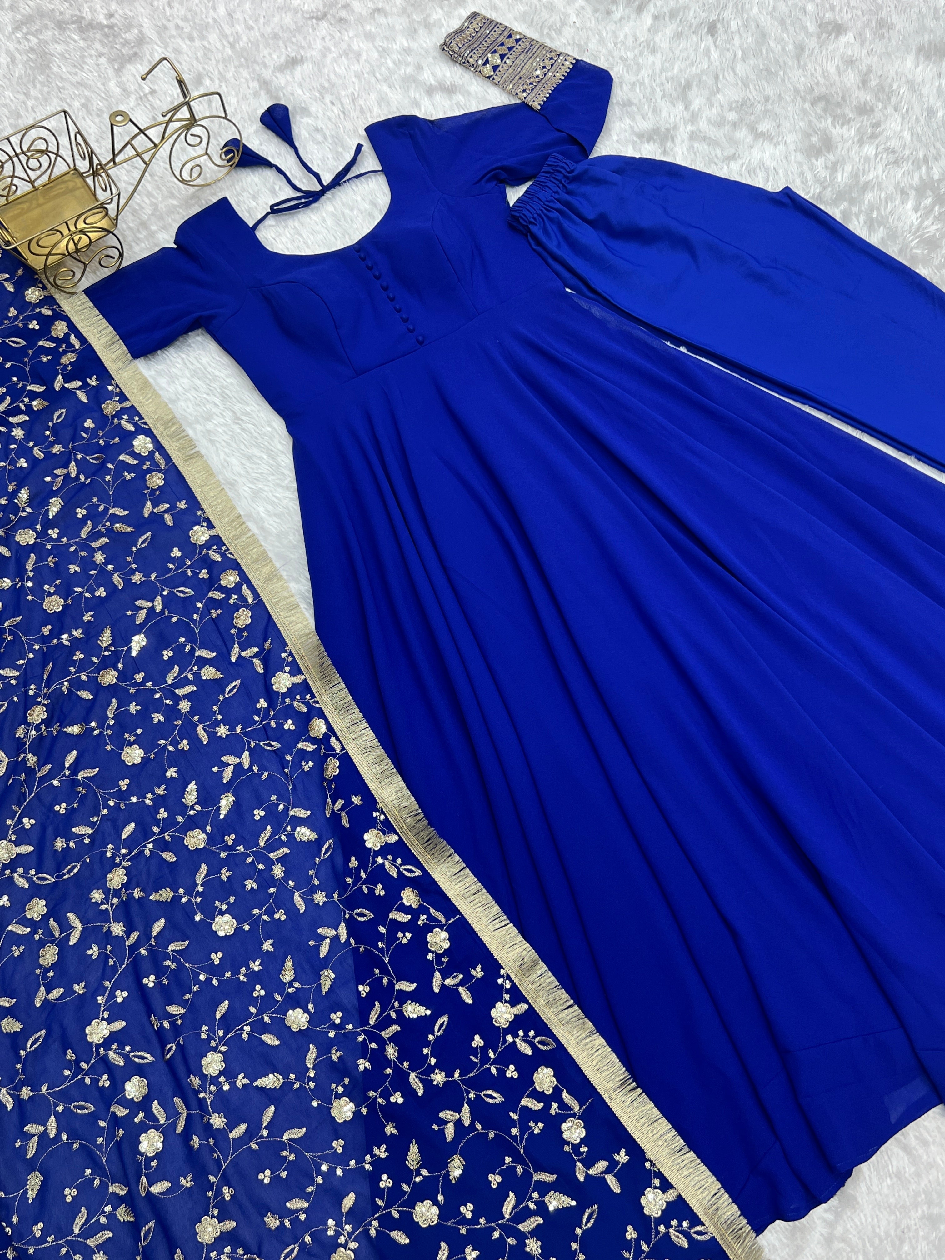 Royal Blue, Rani Pink & Black Fox Georgette Anarkali Suit with Embroidered Dupatta