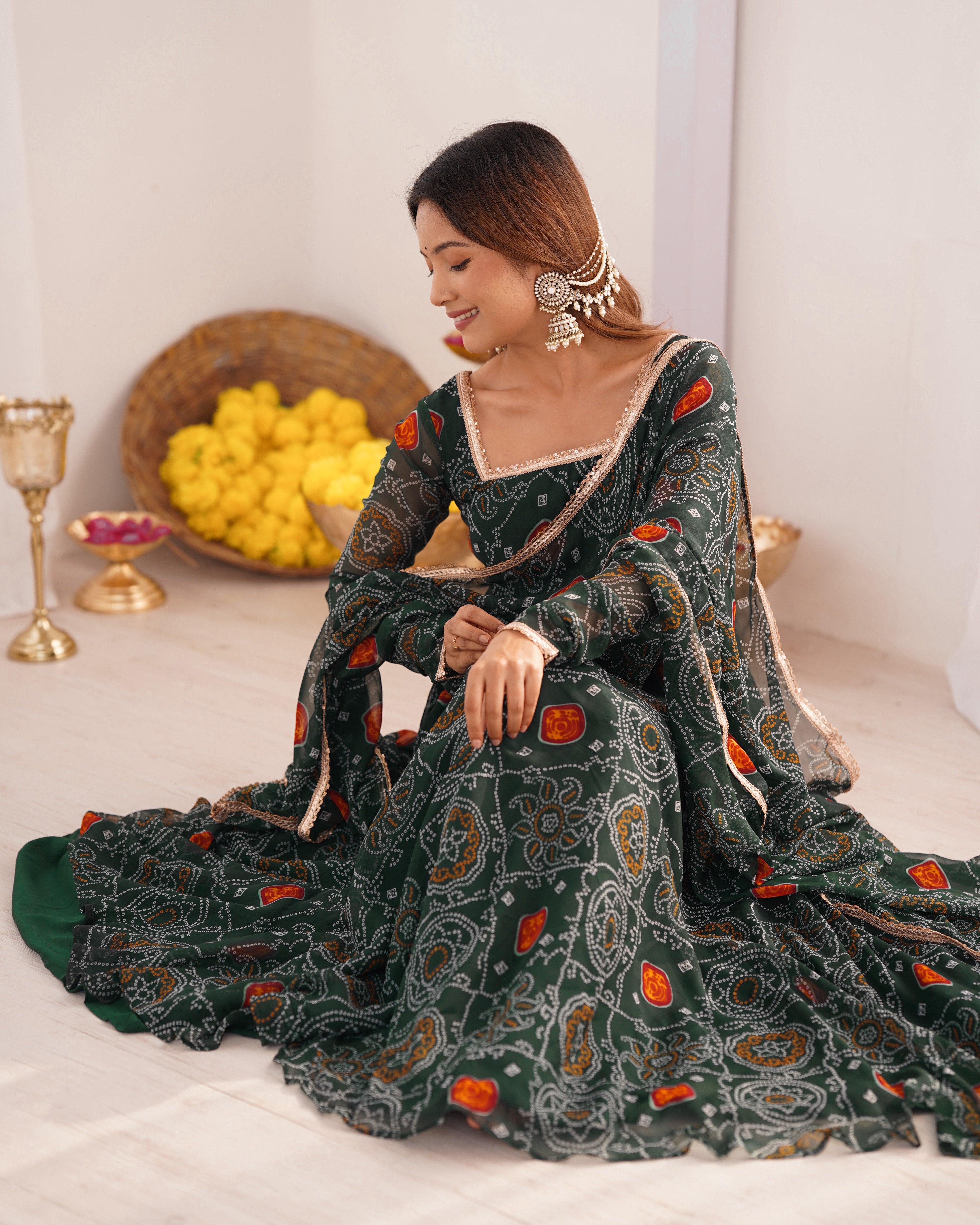 Green Bandhej Print Soft Chiffon Anarkali Gown – 3-Piece Set