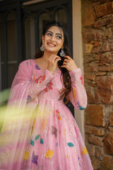 Heavy Star Georgette Embroidered Anarkali Gown with Dupatta & Sharara – Festive Three-Piece Set