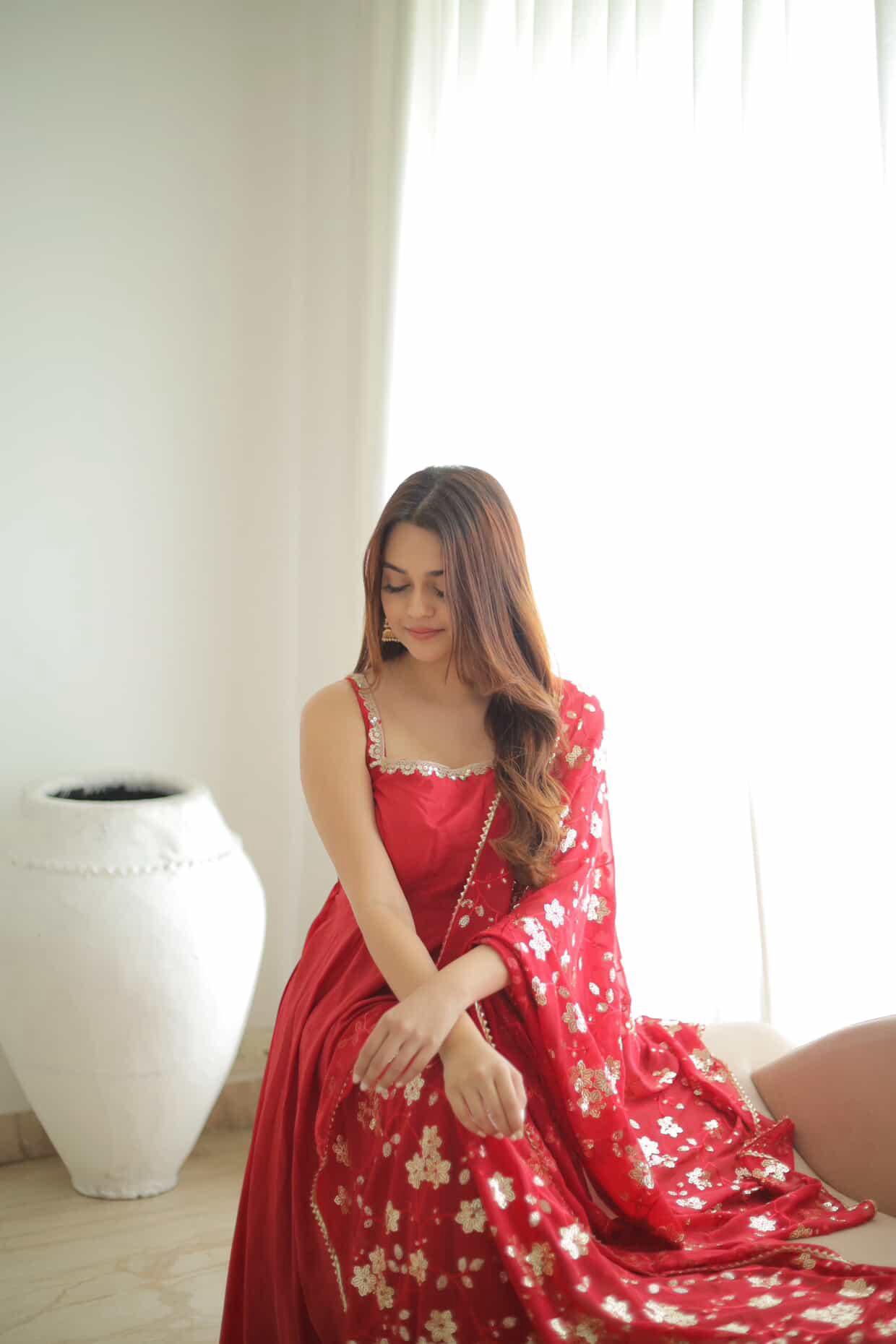 Manjula Maroon Georgette Anarkali Gown Suit Set with Sequin Dupatta