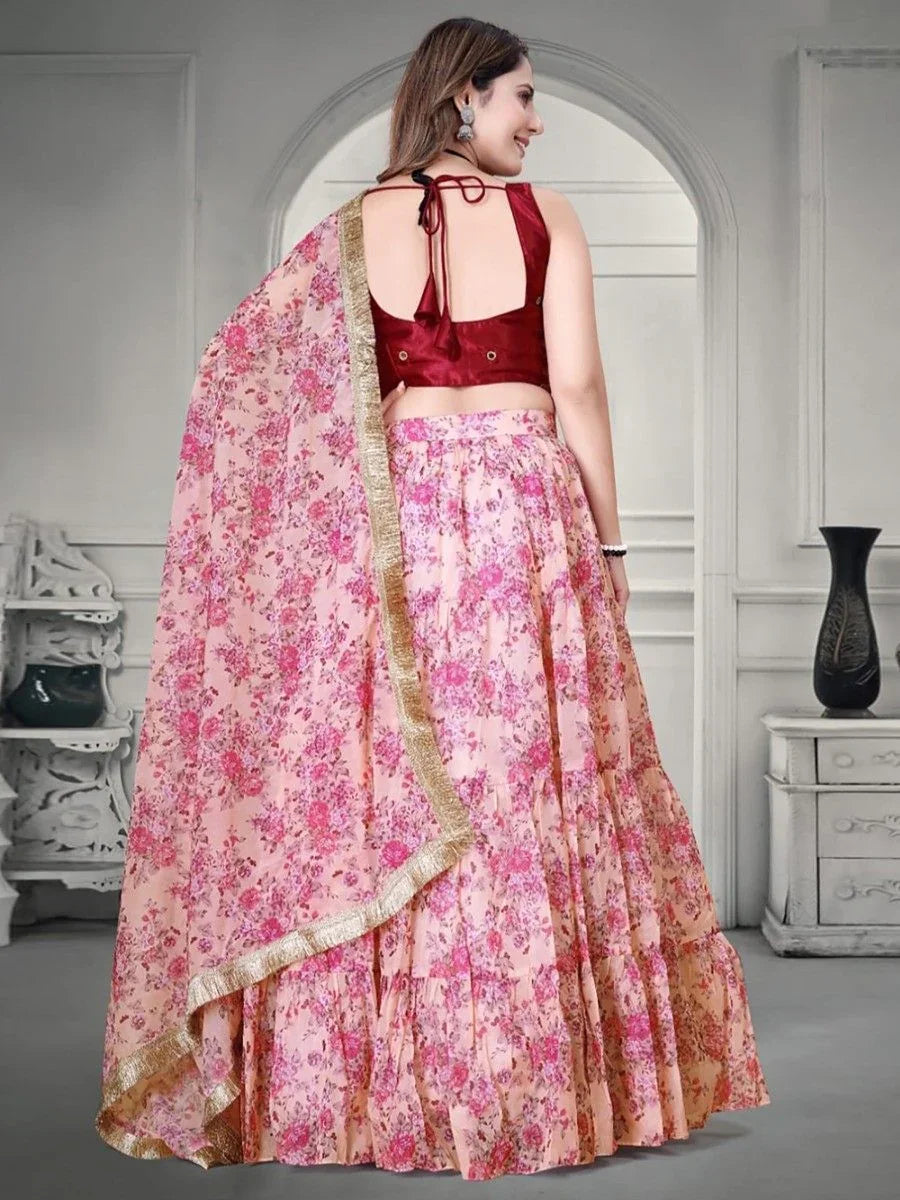 Mesmerizing Pink Floral Printed Organza Lehenga Choli with Maroon Mirror Work Blouse