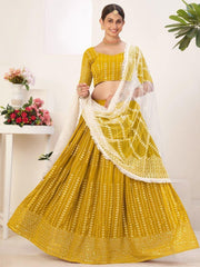 Mustard Yellow Georgette Lehenga Choli with Thread & Sequins Embroidery