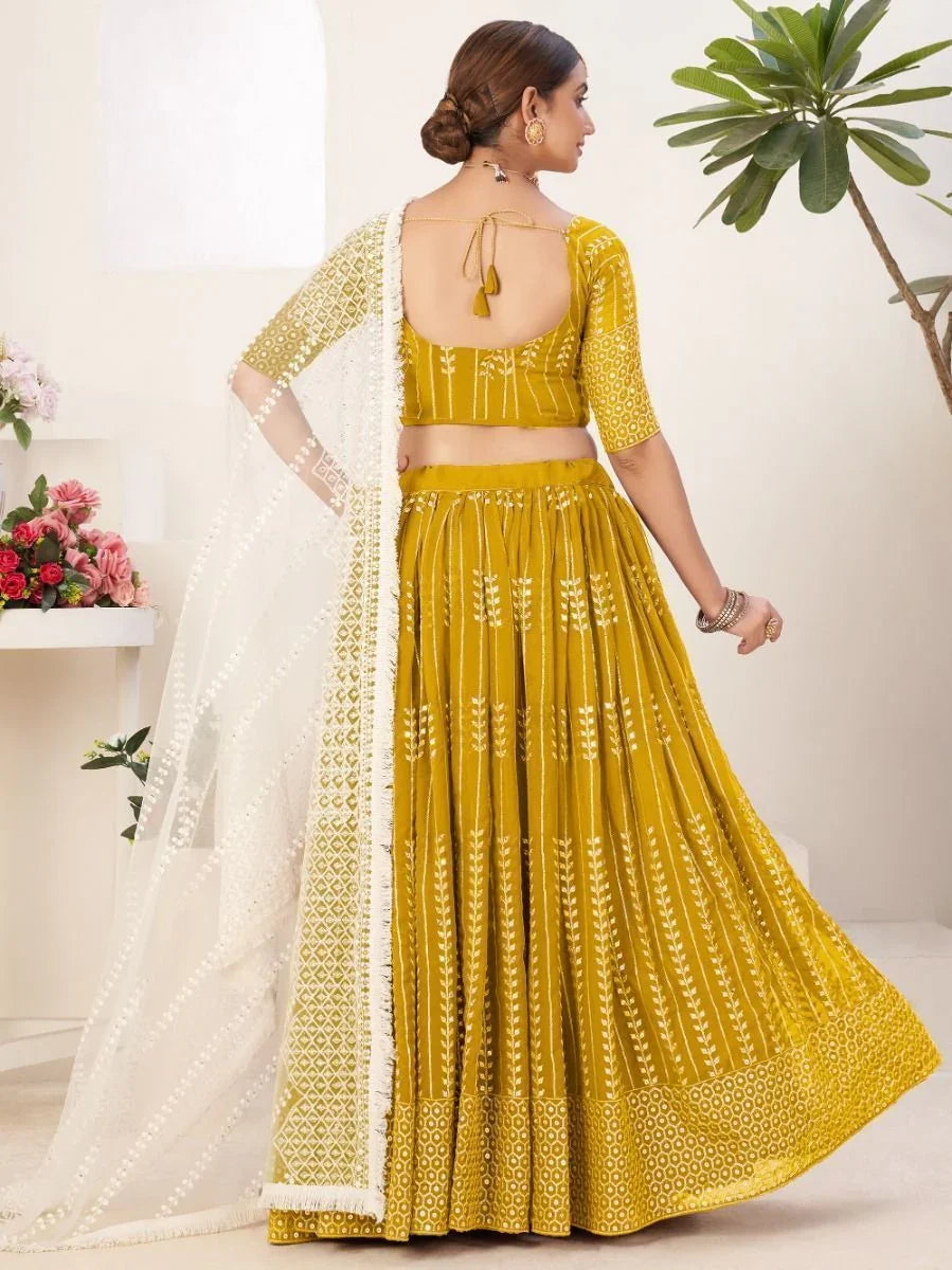 Mustard Yellow Georgette Lehenga Choli with Thread & Sequins Embroidery