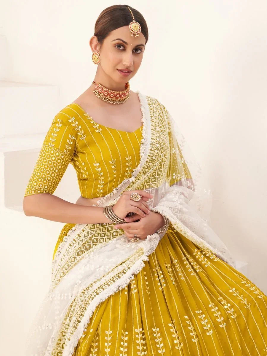 Mustard Yellow Georgette Lehenga Choli with Thread & Sequins Embroidery