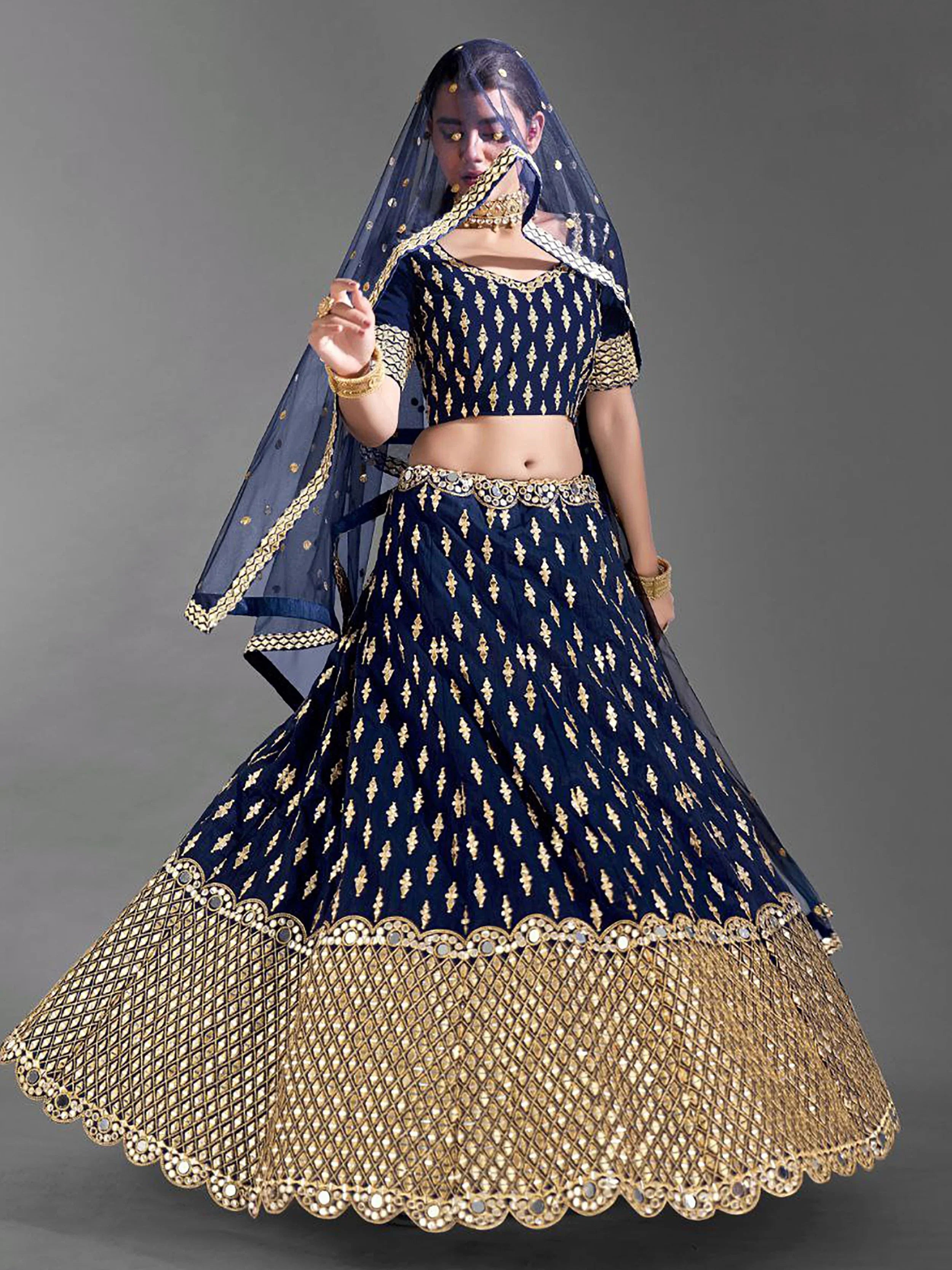Navy Blue Banglori Silk Lehenga Choli – Zari & Foil Mirror Embellished Ethnic Wear