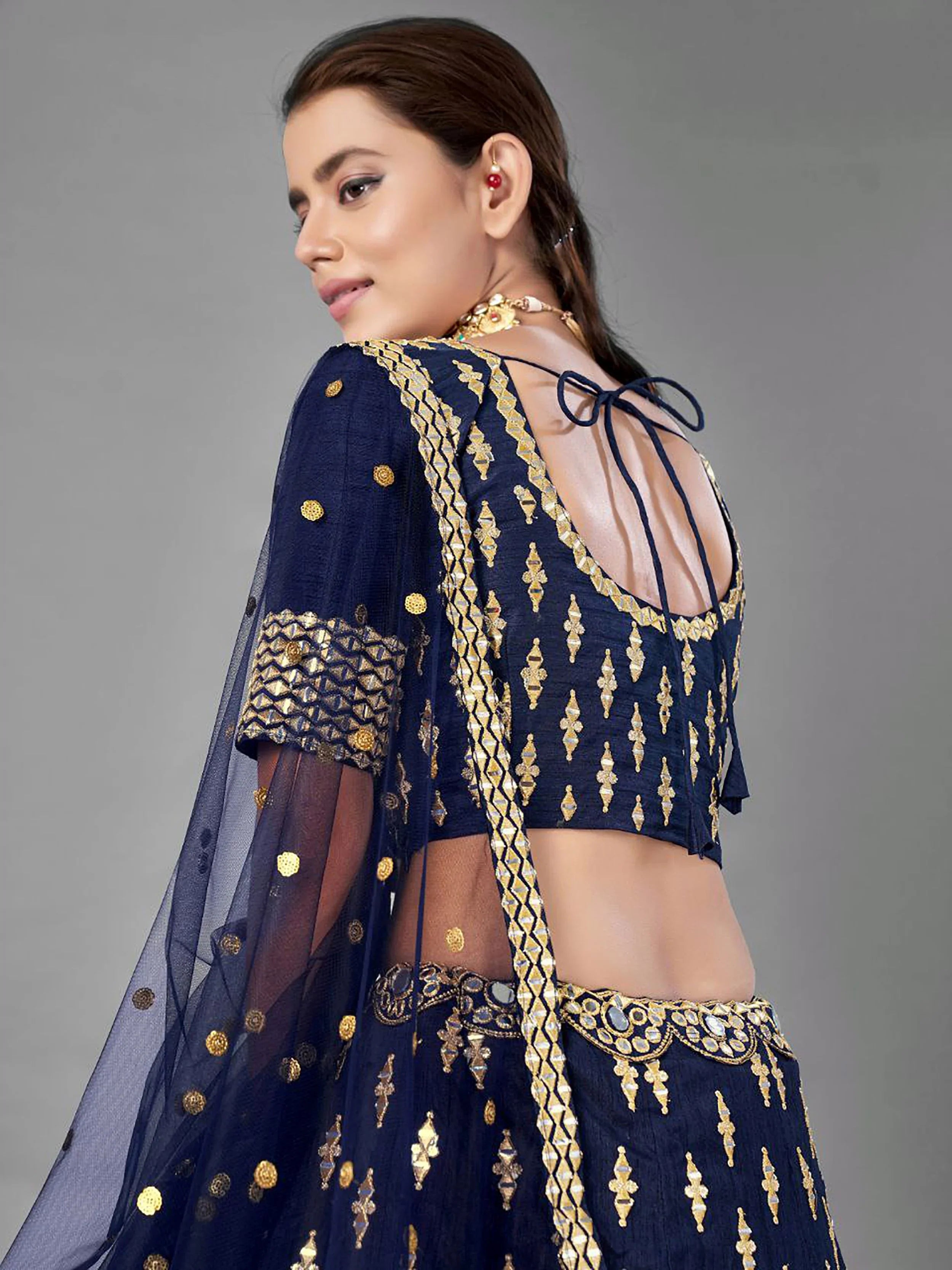 Navy Blue Banglori Silk Lehenga Choli – Zari & Foil Mirror Embellished Ethnic Wear