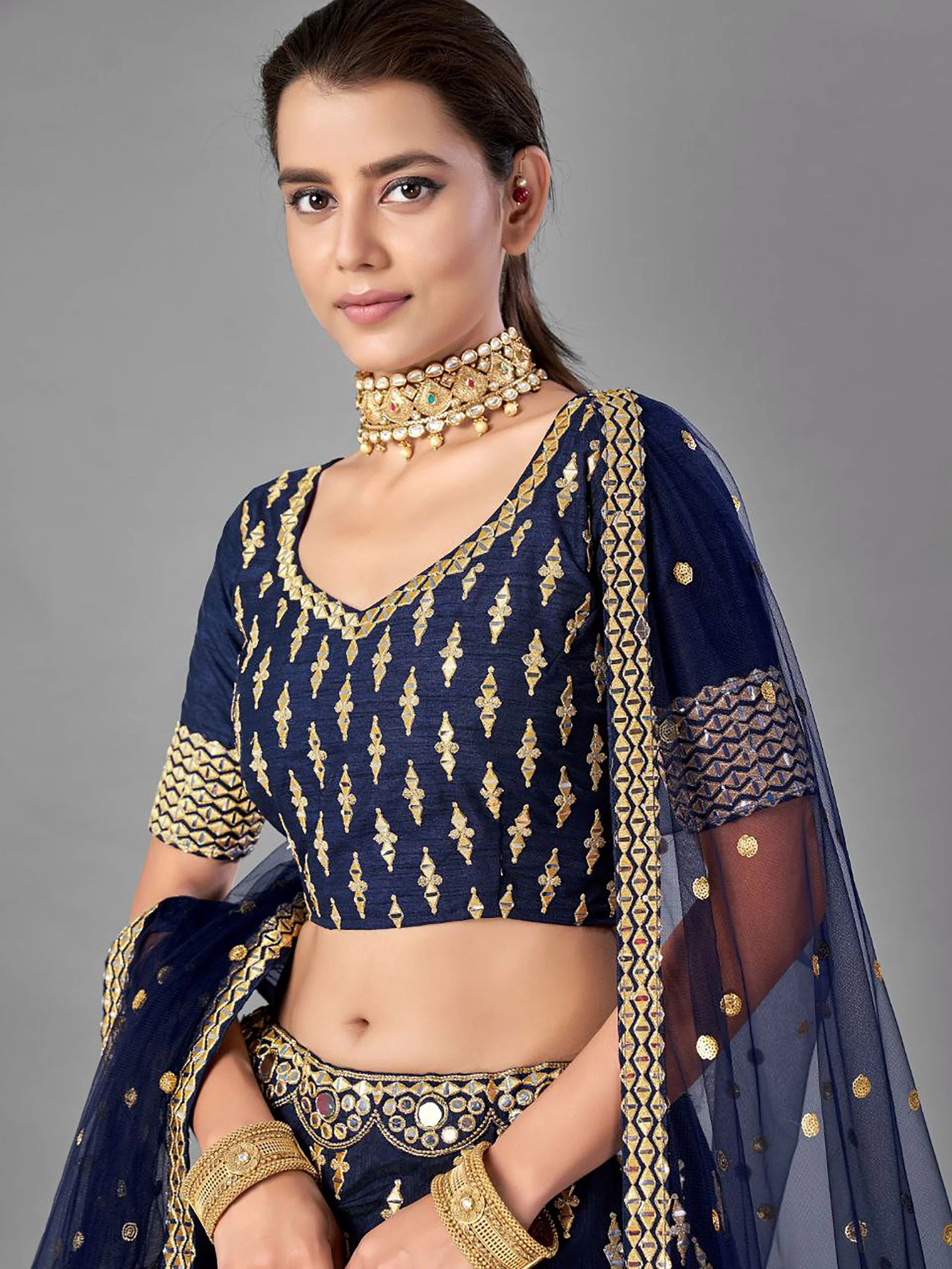 Navy Blue Banglori Silk Lehenga Choli – Zari & Foil Mirror Embellished Ethnic Wear