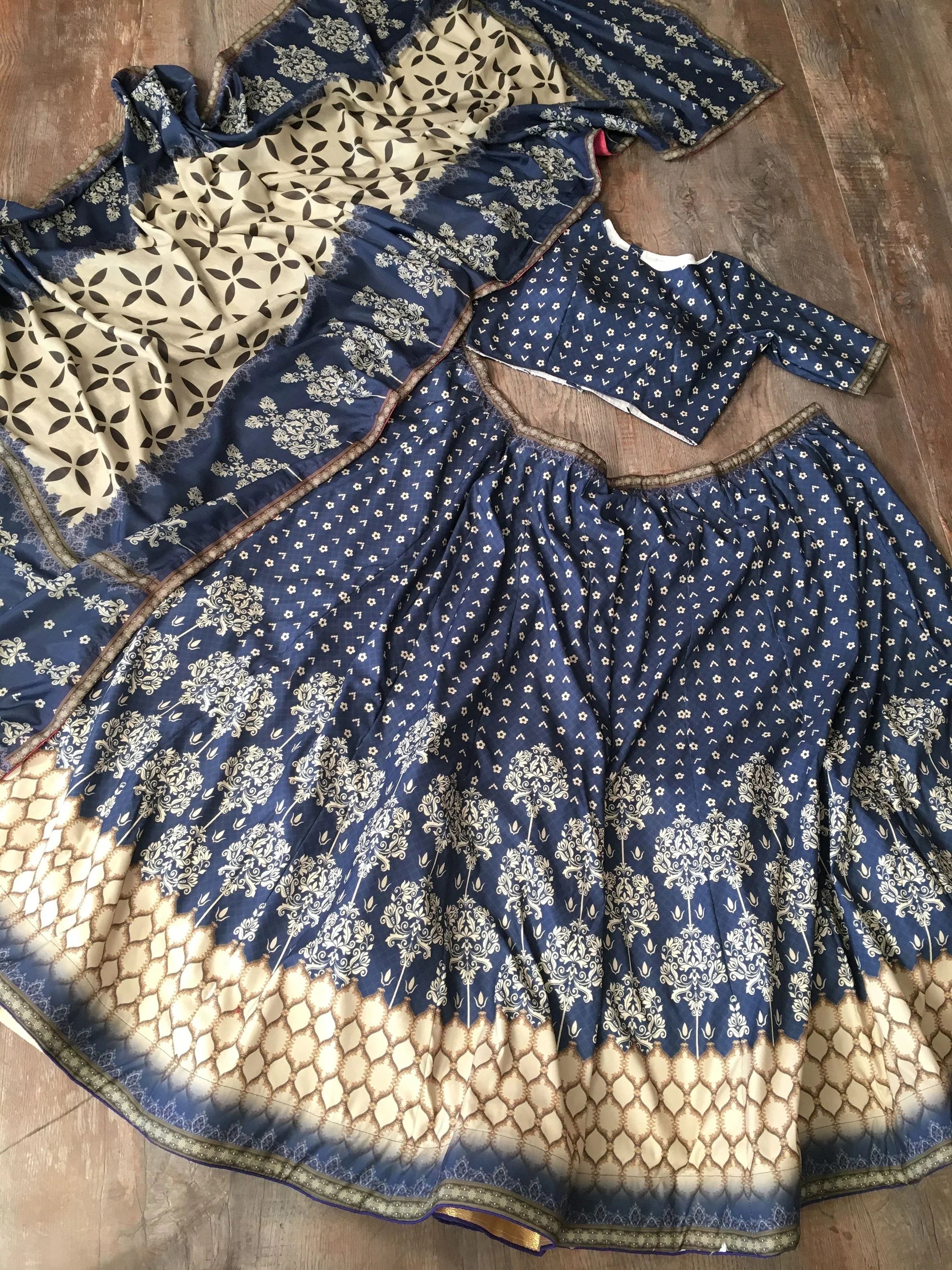 Navy Blue Digital Print Silk Lehenga Choli with Matching Dupatta