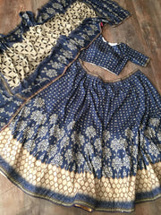 Navy Blue Digital Print Silk Lehenga Choli with Matching Dupatta