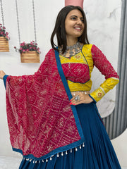 Navy Blue & Mustard Yellow Cotton Lehenga Choli – Embroidery & Bandhej Work