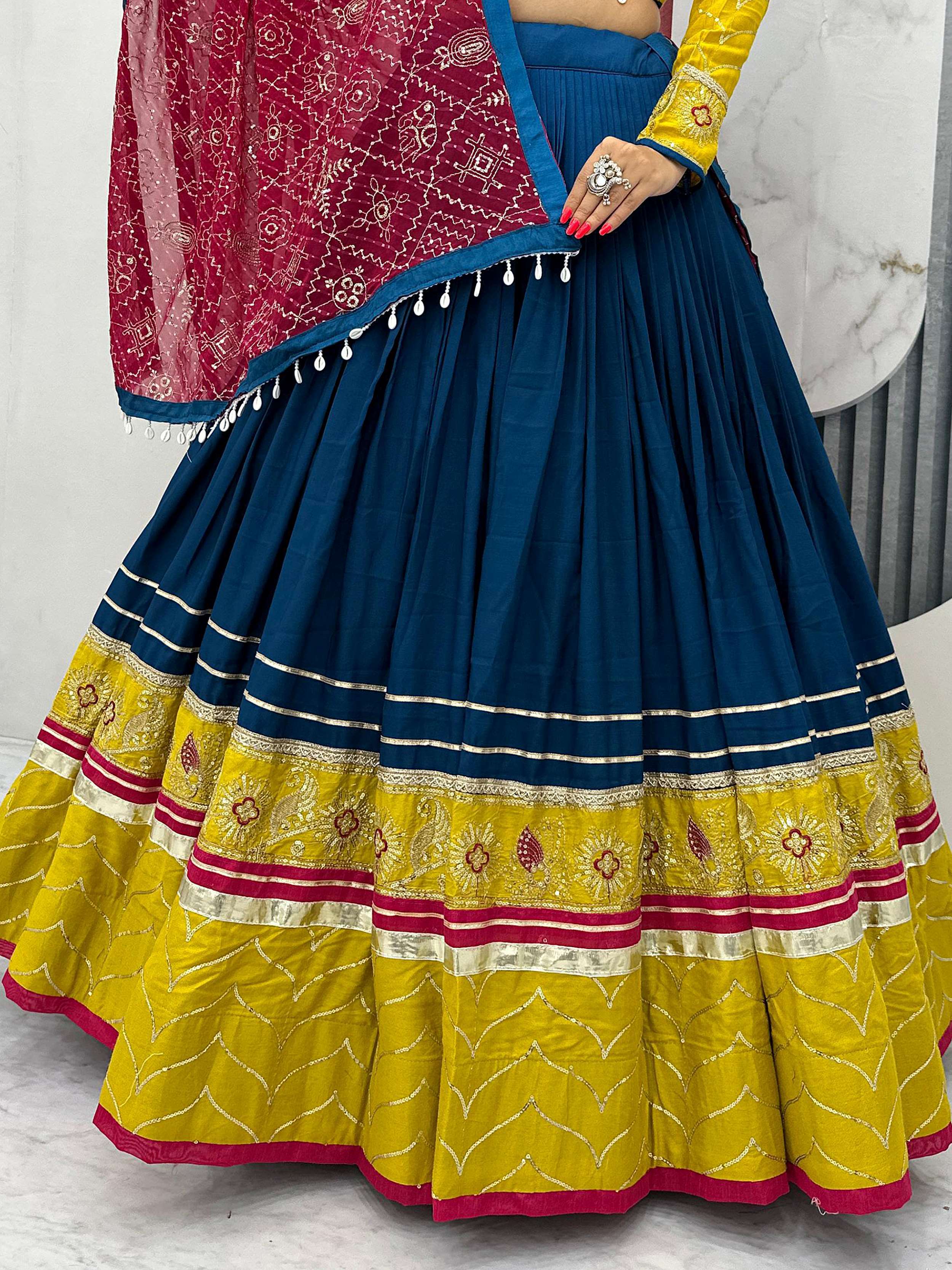 Navy Blue & Mustard Yellow Cotton Lehenga Choli – Embroidery & Bandhej Work