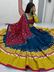 Navy Blue & Mustard Yellow Cotton Lehenga Choli – Embroidery & Bandhej Work