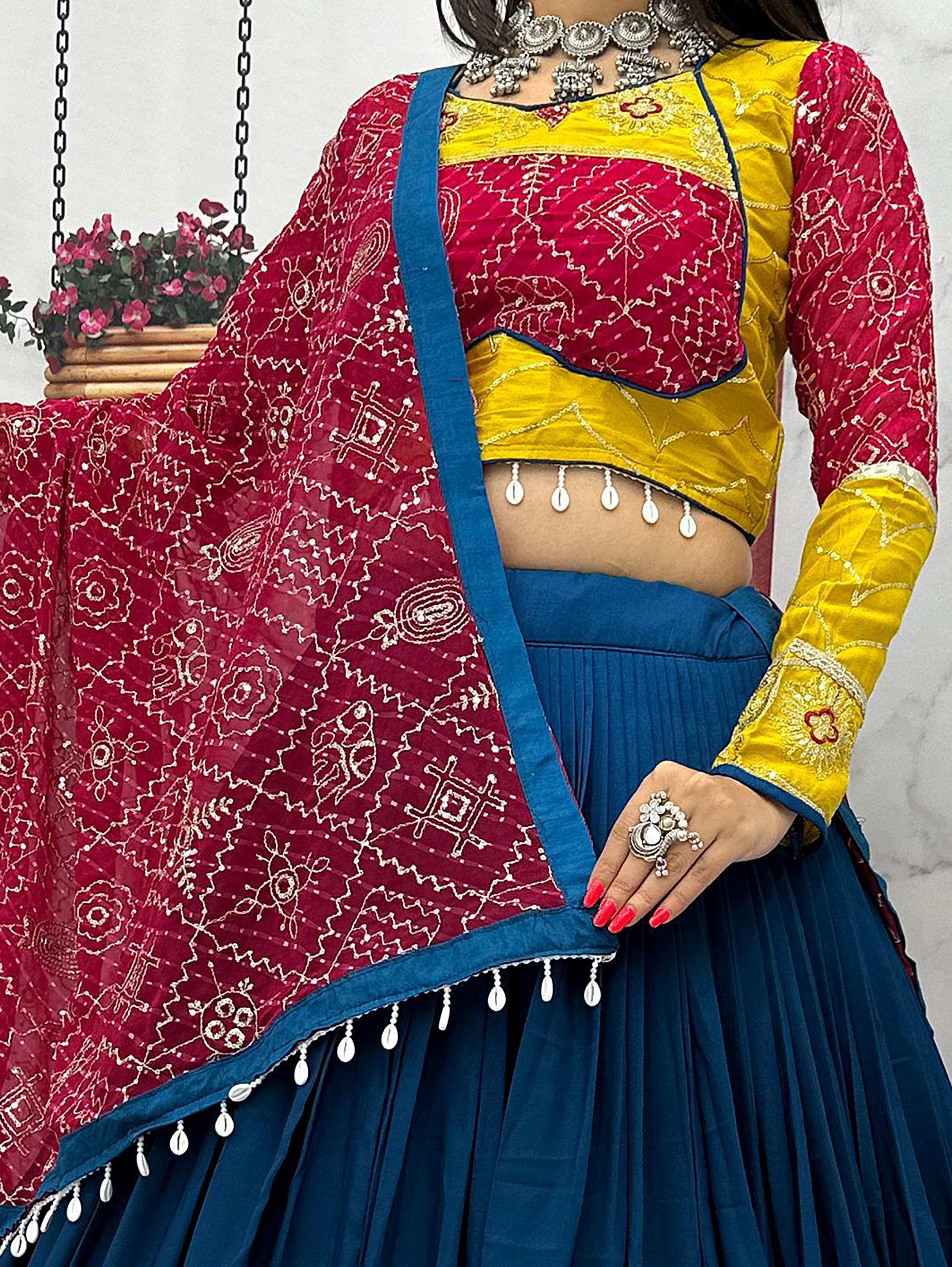 Navy Blue & Mustard Yellow Cotton Lehenga Choli – Embroidery & Bandhej Work