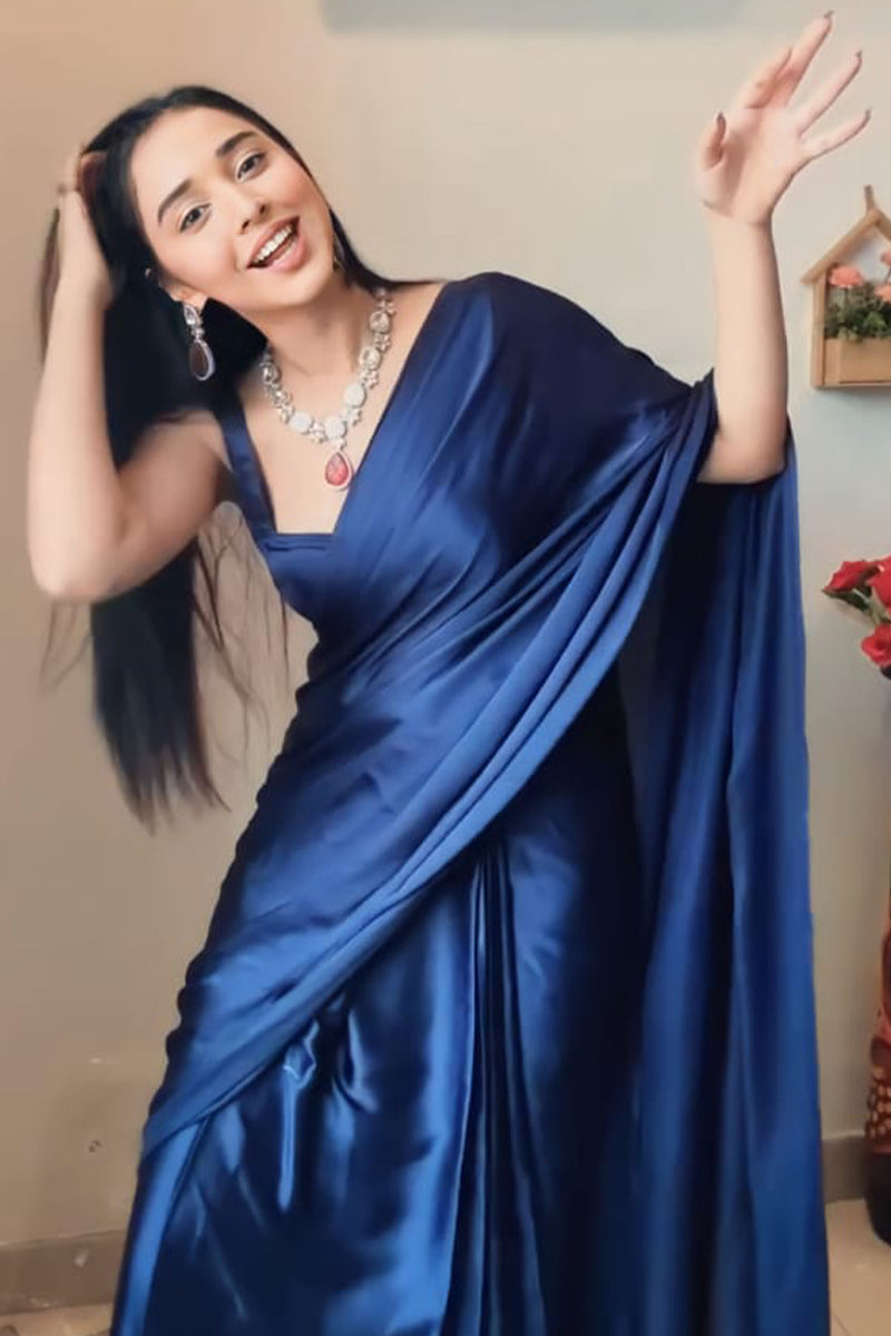Navy Blue Satin Silk Ready Saree