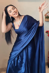 Navy Blue Satin Silk Ready Saree