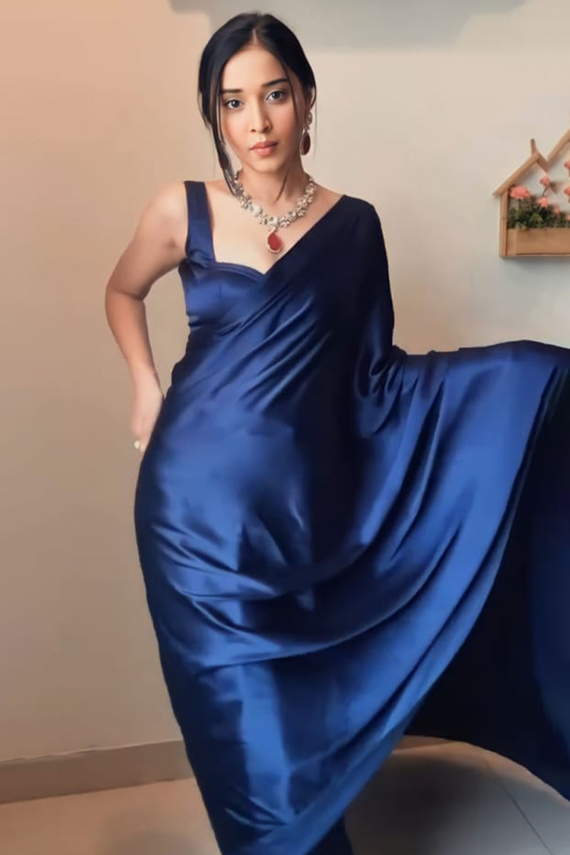 Navy Blue Satin Silk Ready Saree