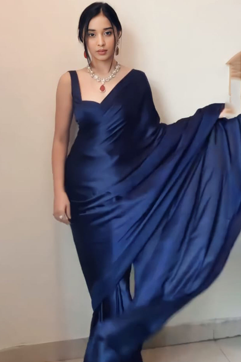Navy Blue Satin Silk Ready Saree