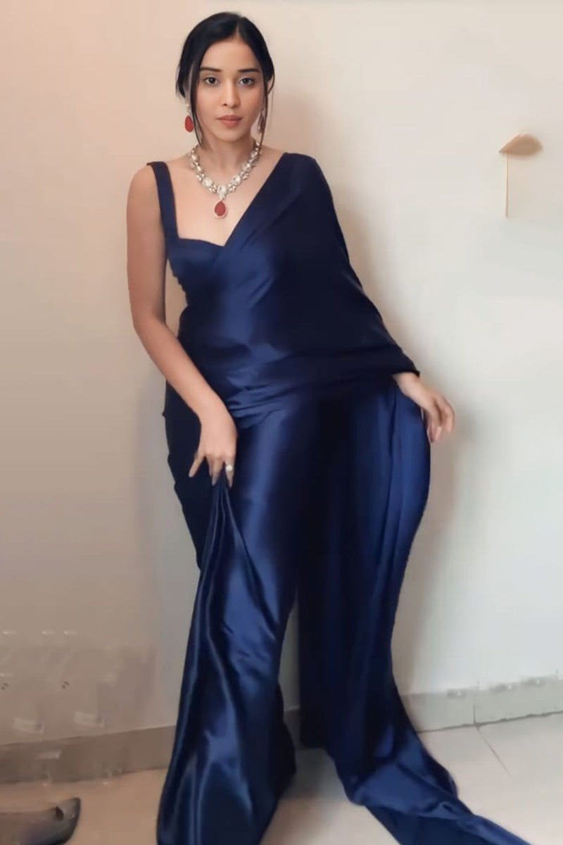 Navy Blue Satin Silk Ready Saree
