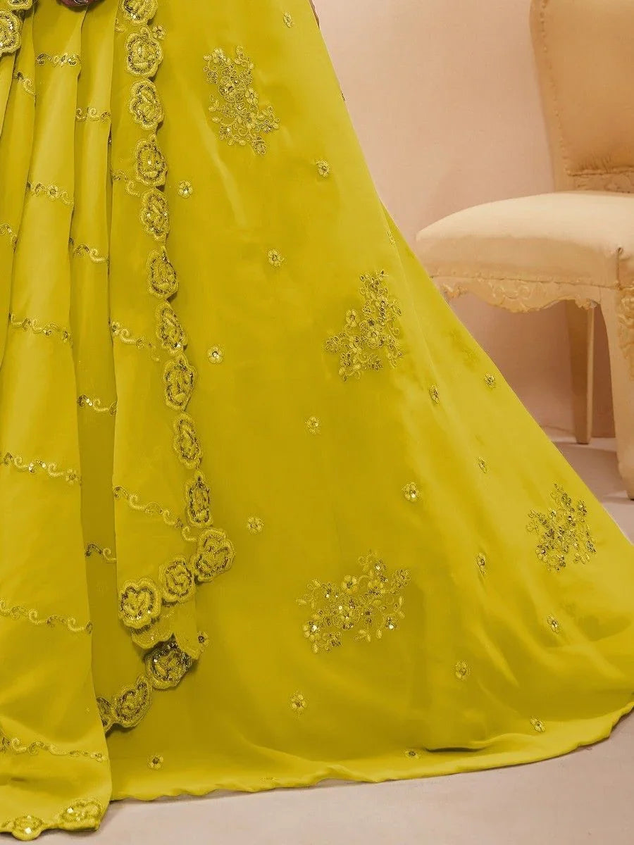 Neon Yellow Georgette Lehenga Choli – Sequins & Dori Embroidered Wedding Wear