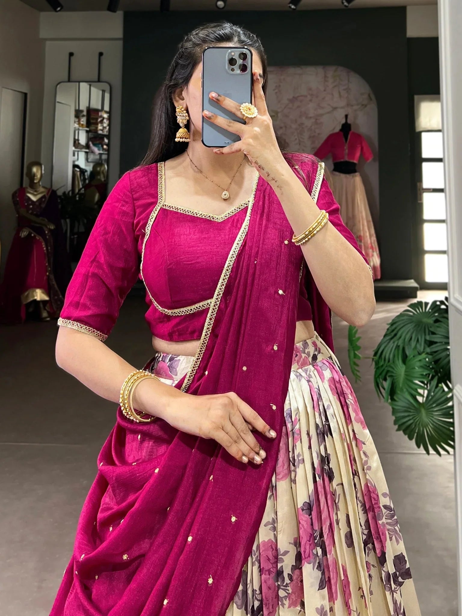 Off-White Dola Silk Lehenga Choli – Floral Print with Rani Pink Choli & Dupatta