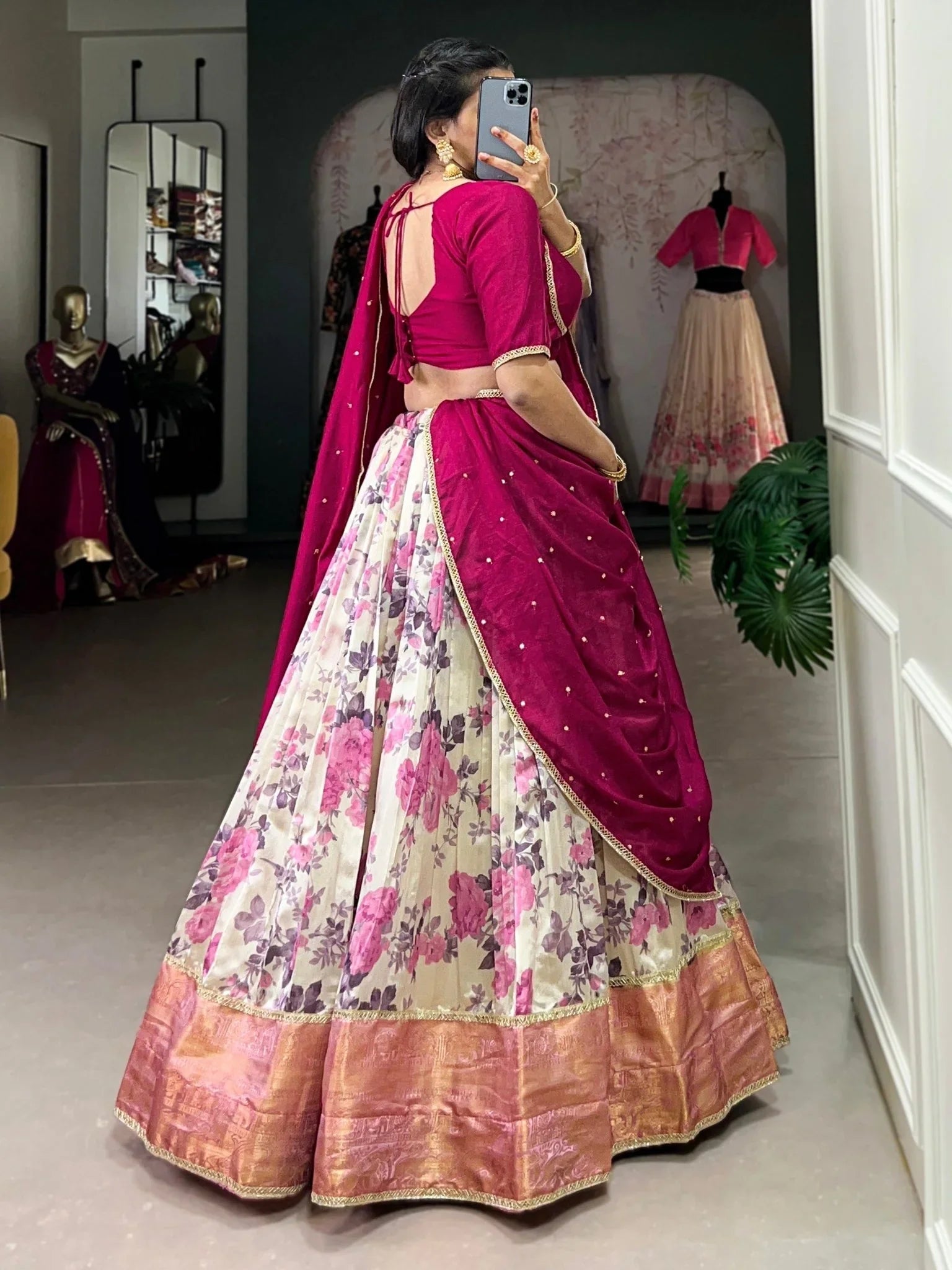 Off-White Dola Silk Lehenga Choli – Floral Print with Rani Pink Choli & Dupatta