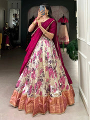 Off-White Dola Silk Lehenga Choli – Floral Print with Rani Pink Choli & Dupatta