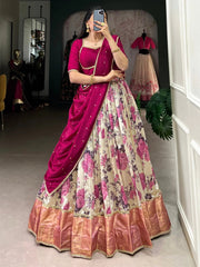 Off-White Dola Silk Lehenga Choli – Floral Print with Rani Pink Choli & Dupatta