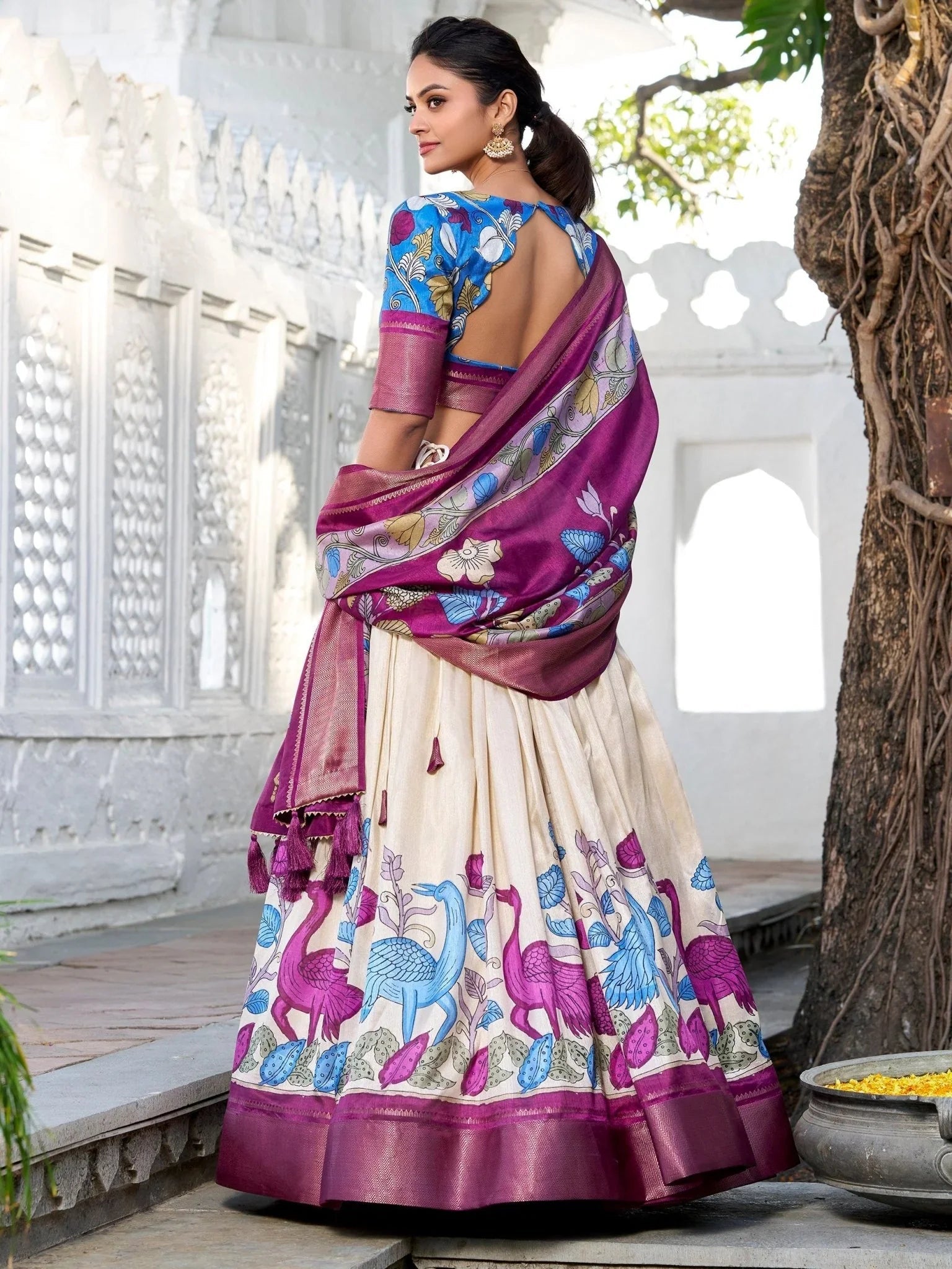 Off-White Dola Silk Lehenga Choli with Kalamkari Print and Zari Border