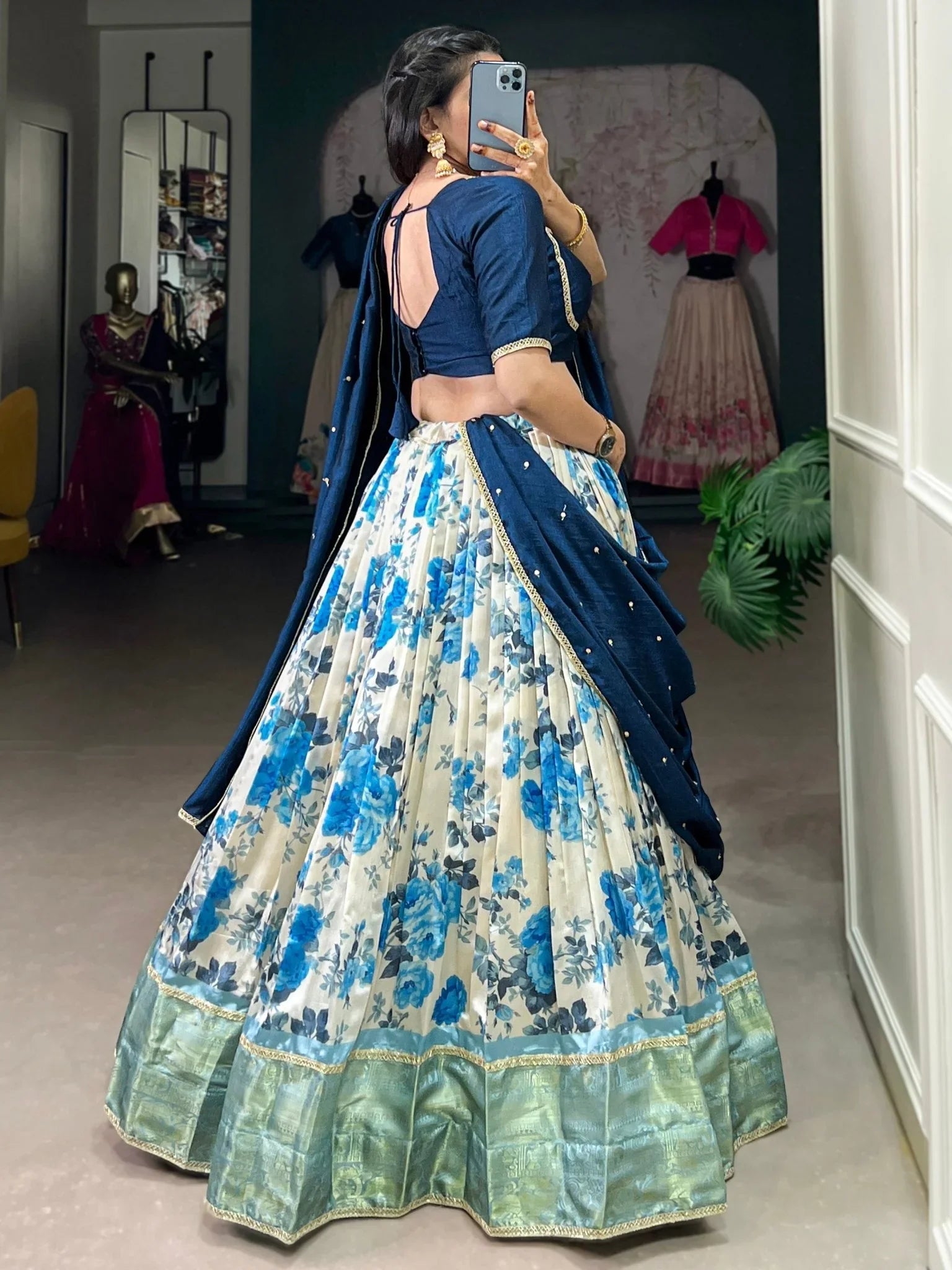 Off-White & Navy Blue Dola Silk Lehenga Choli – Floral Print & Zari Work