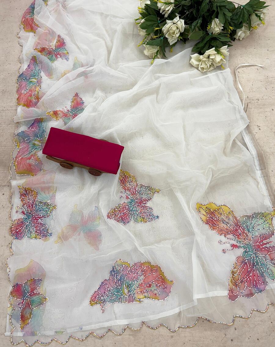 Off-White Organza Silk Ready-to-Wear Saree