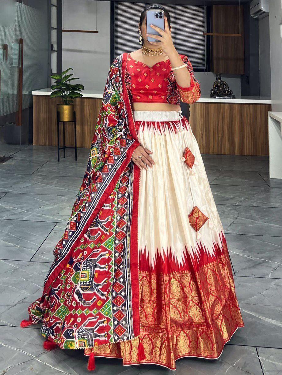 Off-White & Red Patola Printed Silk Lehenga Choli – Foil Work Festival Wear