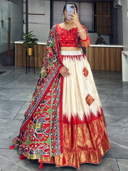 Off-White & Red Patola Printed Silk Lehenga Choli – Foil Work Festival Wear
