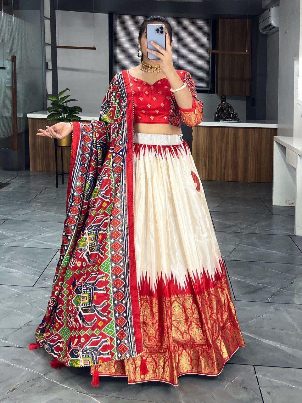 Off-White & Red Patola Printed Silk Lehenga Choli – Foil Work Festival Wear